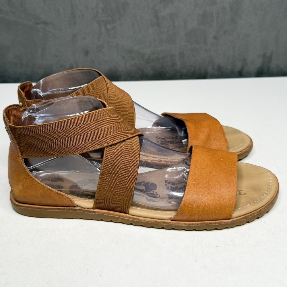 Sorel Ella Sandal Women 10.5 Brown Leather Elastic Crisscross Strappy Flat